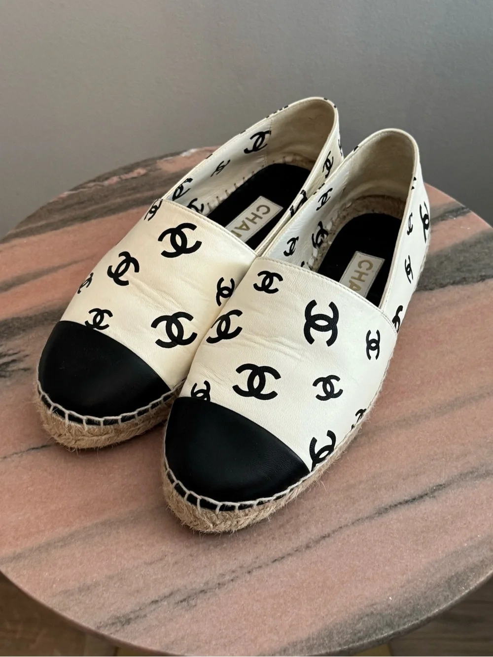 CHANEL Cream Espadrilles with Black Toe Caps and Logo Print